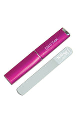 A 3 inch Nail Tek Mini File side by side with its Fuschia Companion Travel Case